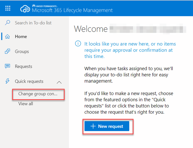 Quick Requests menu showing Change Group Contacts option and New Request button