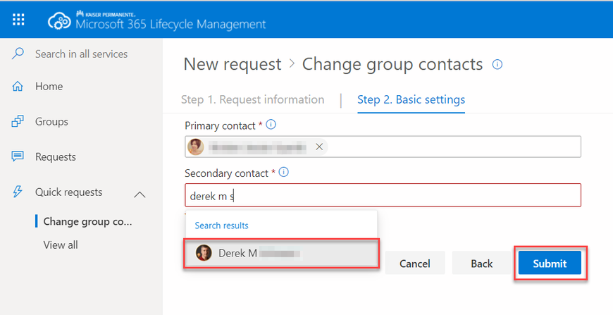 Contact assignment form with primary and secondary contact fields