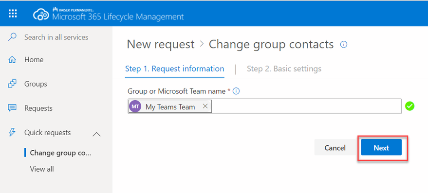 Group search results showing matching Microsoft 365 groups