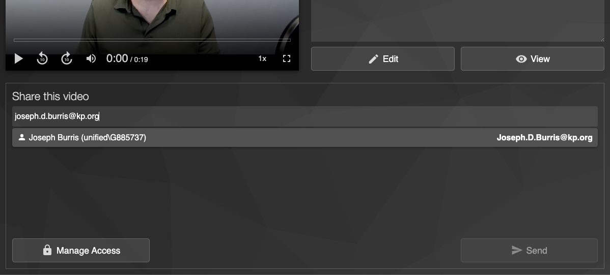 Окно Share в Panopto с полем Share this video, кнопками Edit, View и Manage Access