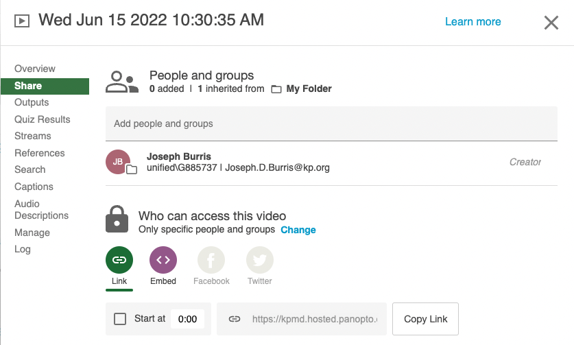 Раздел управления доступом Panopto с People and groups и Who can access this video