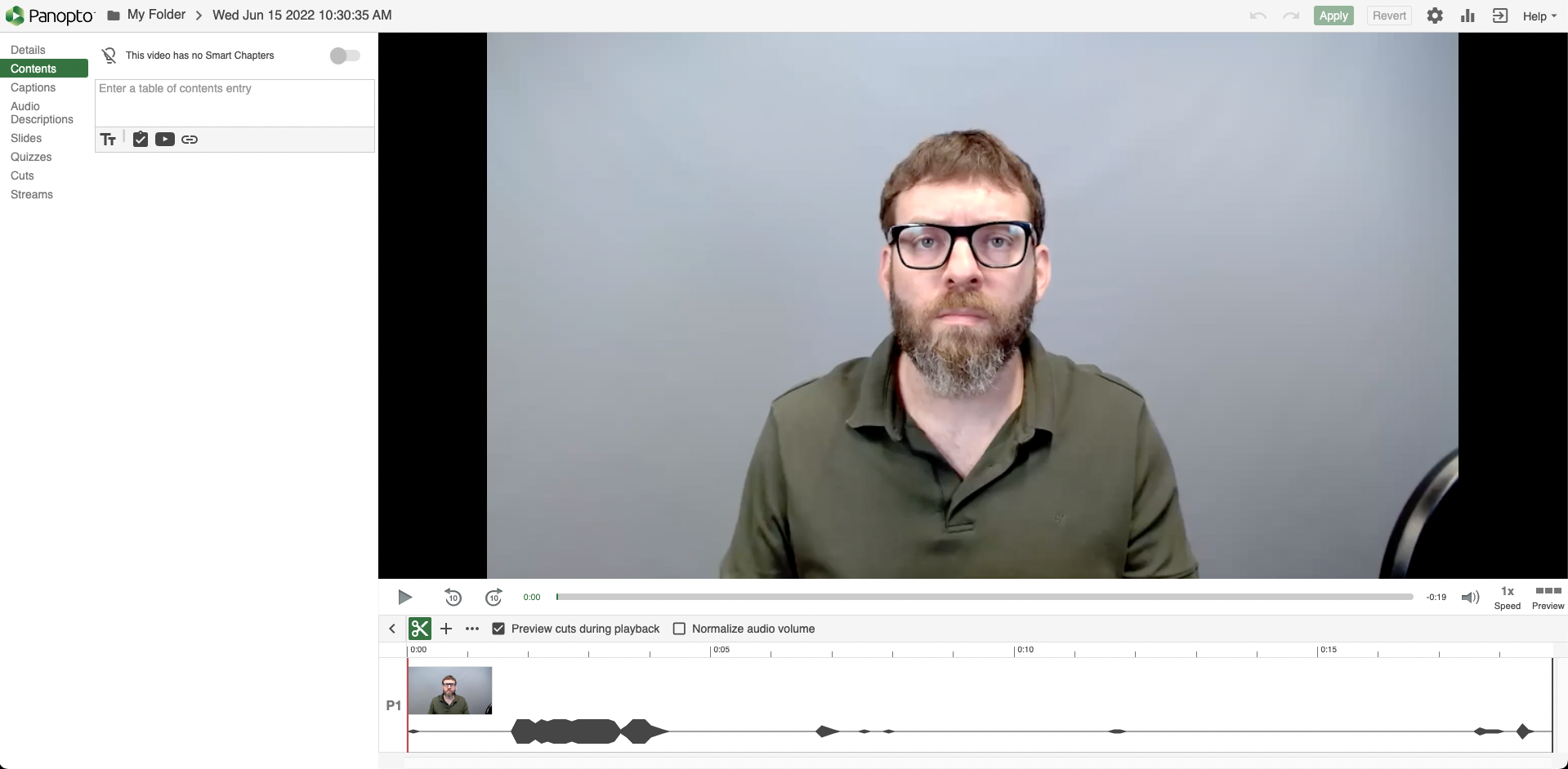 Веб-редактор Panopto с таймлайном, потоком видео и разделами Contents, Captions, Quizzes и Streams