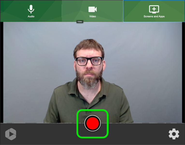 Главный экран Panopto Capture с вкладками Audio, Video, Screens and Apps и красной кнопкой записи