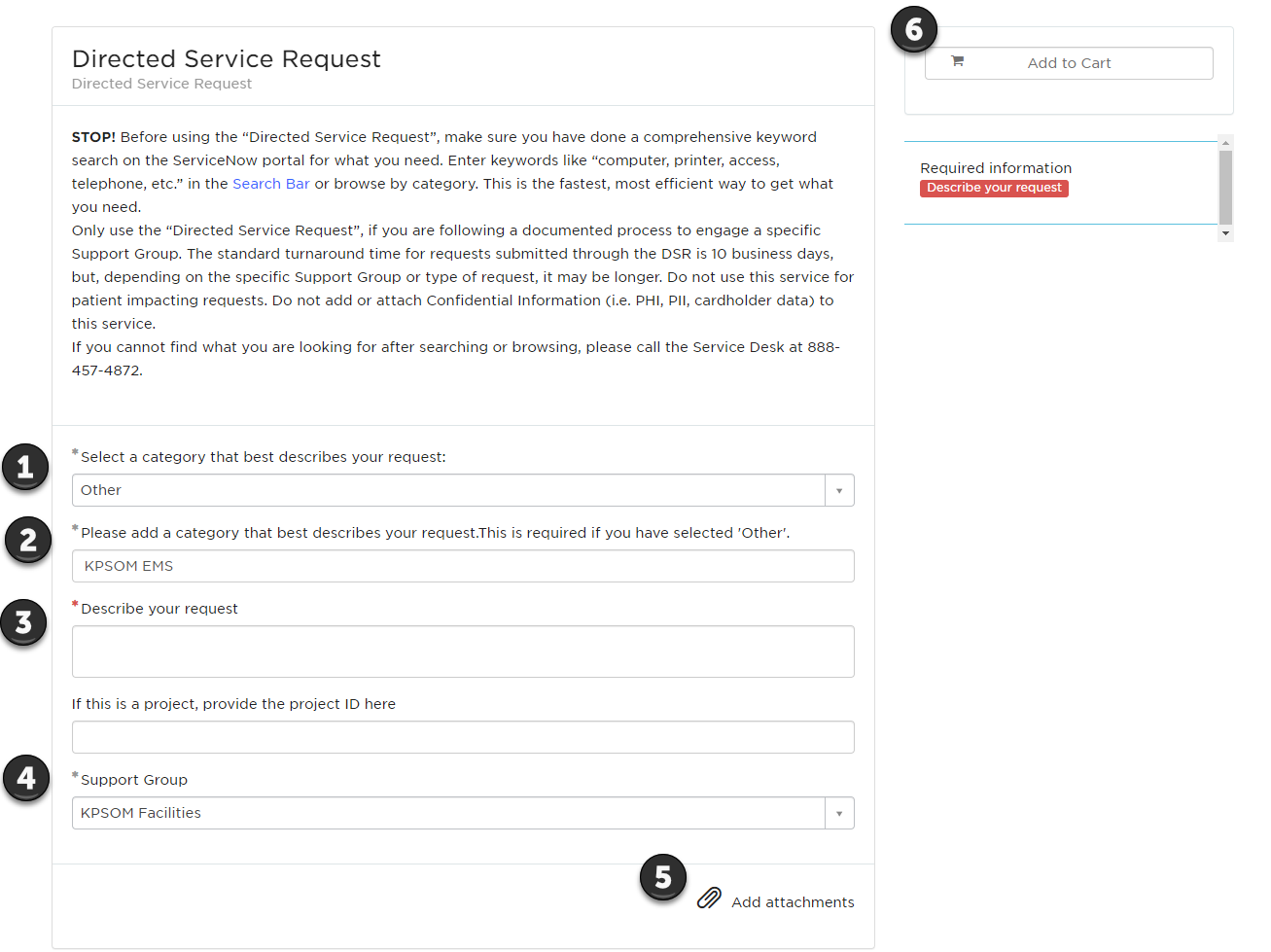 ServiceNow Direct Service Request form showing category selection