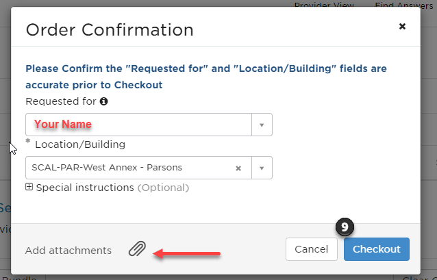 ServiceNow order confirmation page with checkout button
