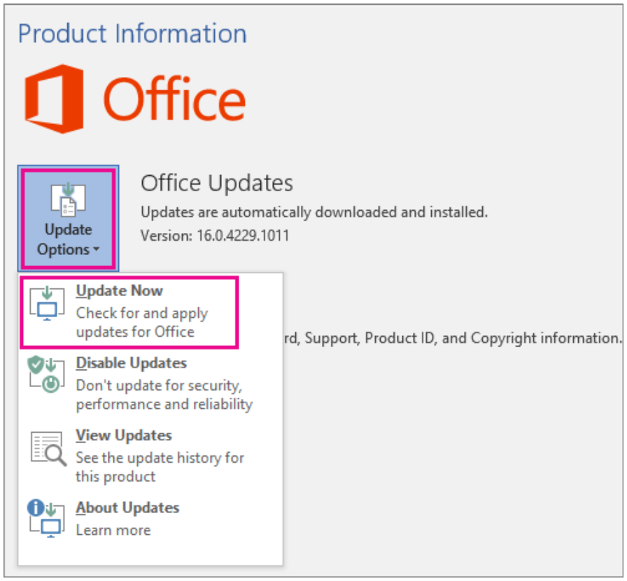 Office Account screen showing Update Options menu