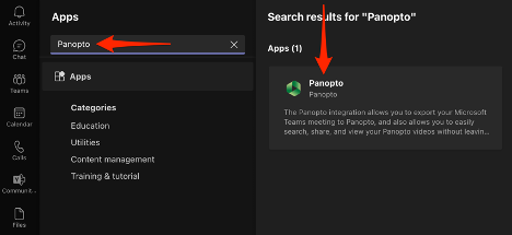 Searching for Panopto in Teams app store