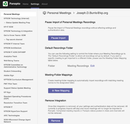 Panopto integration settings screen