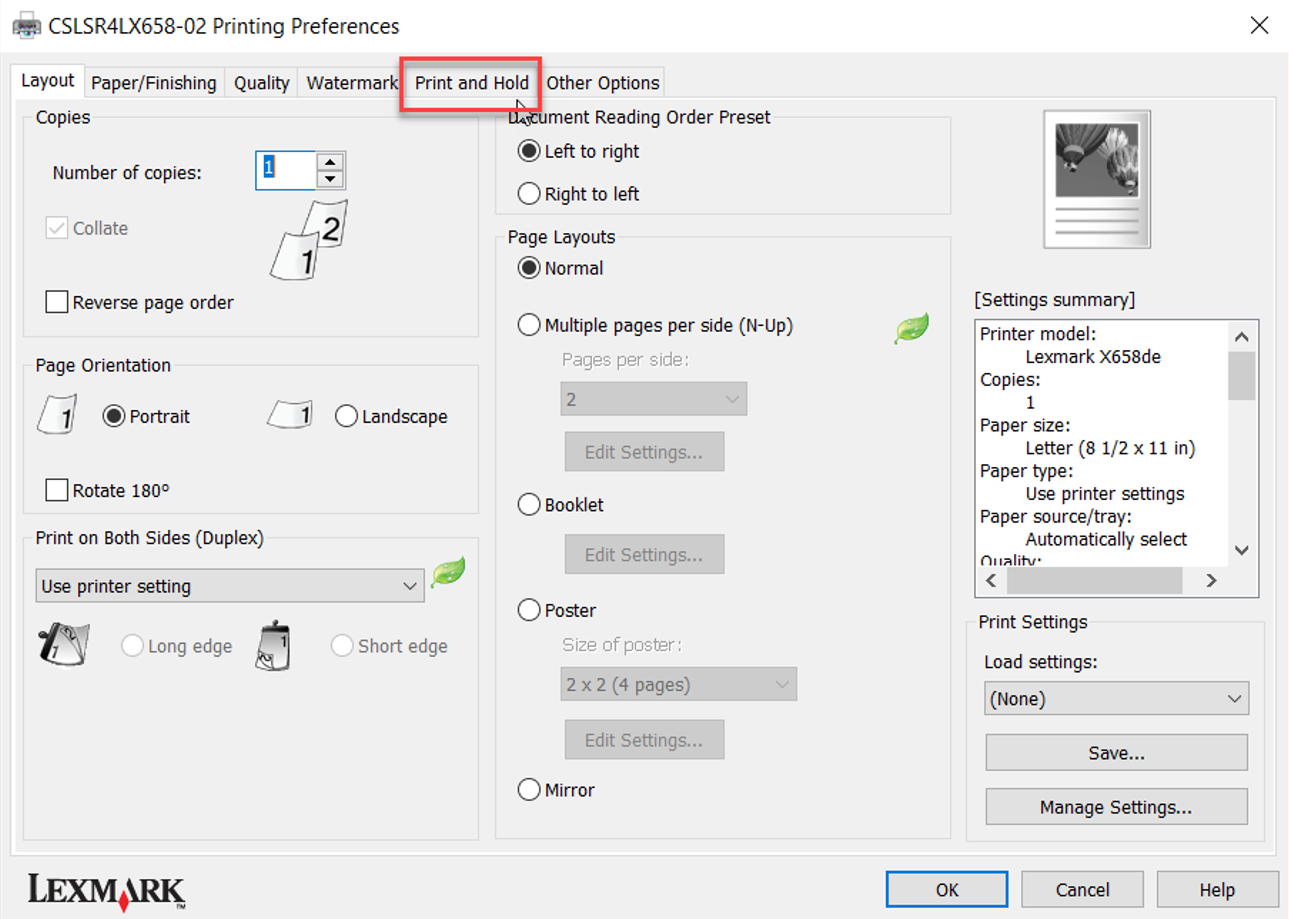 Print and Hold tab in Printing Preferences