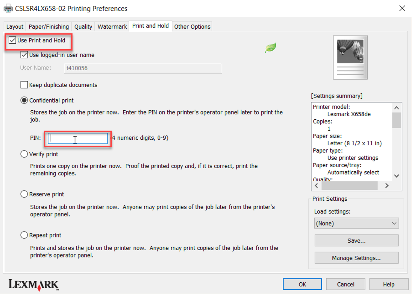 Use Print and Hold checkbox and PIN field