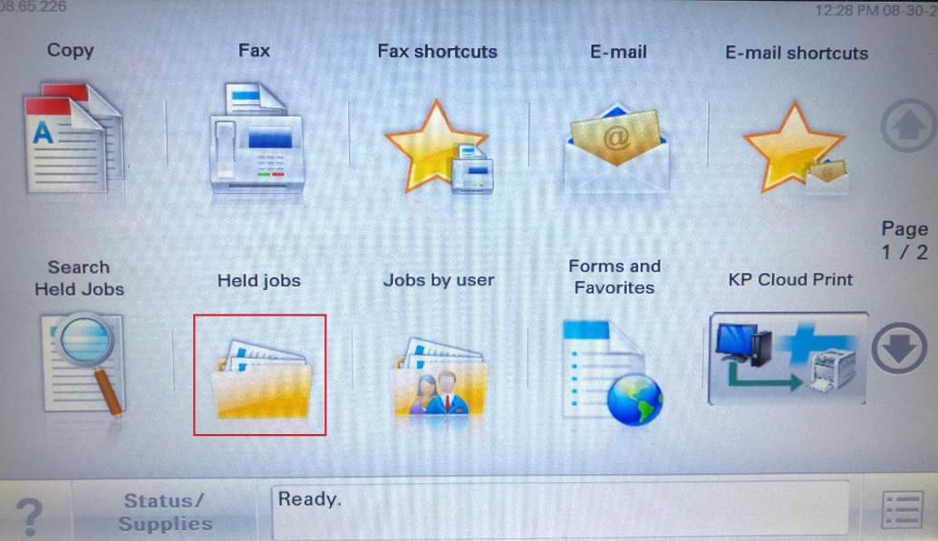 Held Jobs button on printer screen